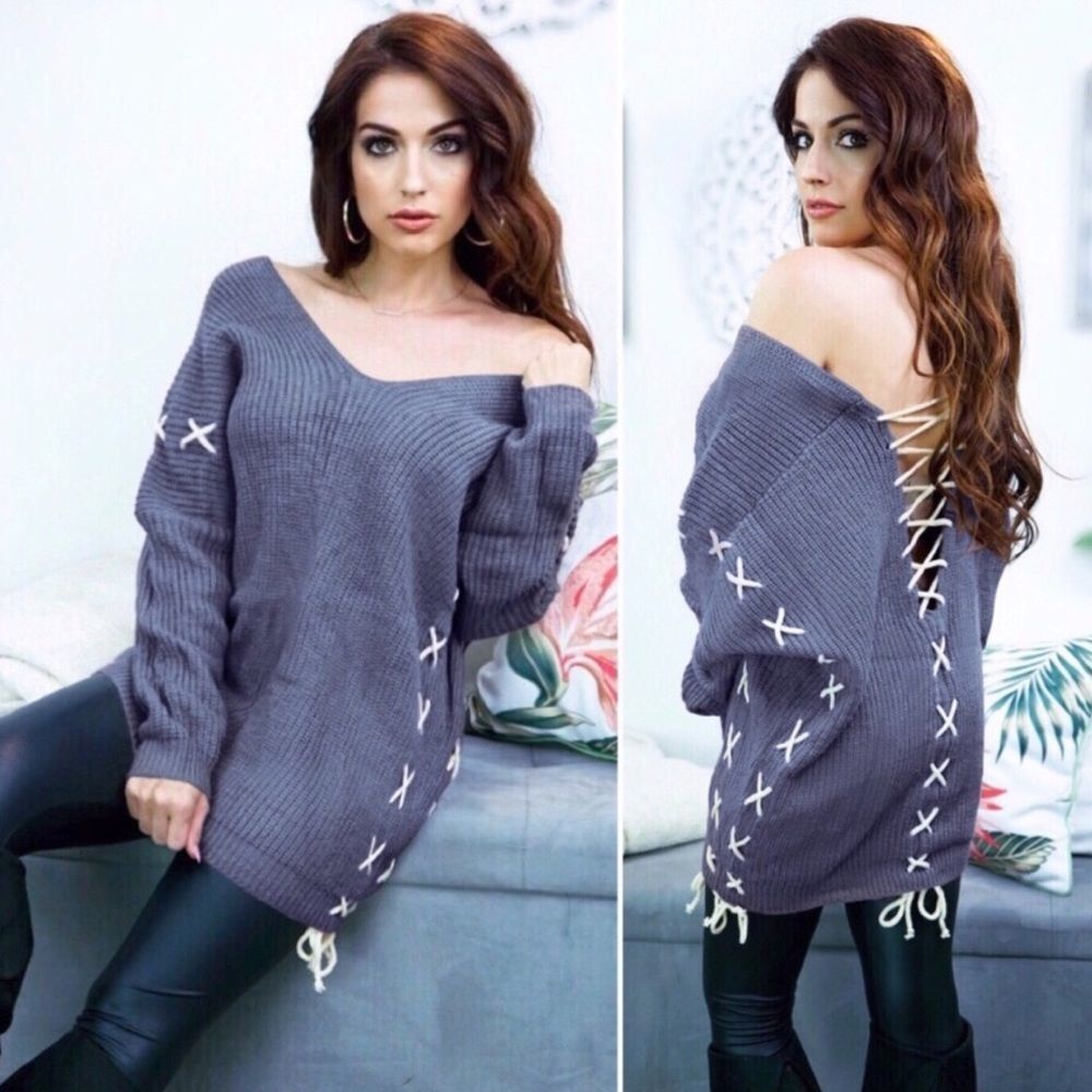 WOMENS BLUE GRAY LACED BACK SWEATER SIZE LARGE NWT